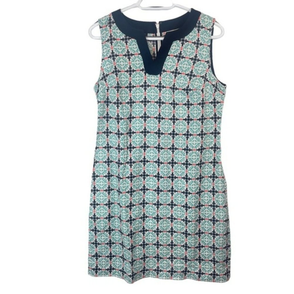 Talbots Petite Turquoise Blue Sleeveless Printed V-Neck Sheath MIDI Dress 8P